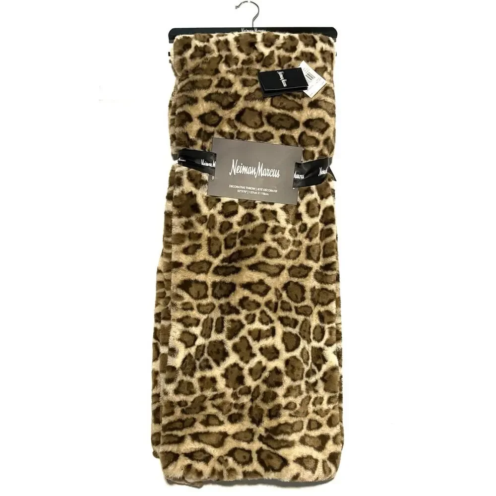 Neiman Marcus Leopard Animal Print Faux Fur Mink Throw Blanket Cheetah 50
